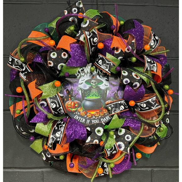 Halloween Wreath Skeleton Witch XL Fall Door Hanger Handmade 24 Inch Deco Mesh - Picture 1 of 8